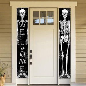 11.8"x70.9" 2PCS Halloween Skeleton Porch Sign for Day of The Dead Skull Welcome